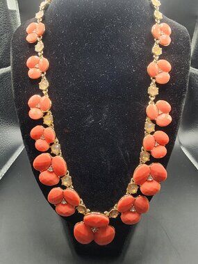 Coral Colored Stone Floral Statement Necklace 18” Chunky Bib Style